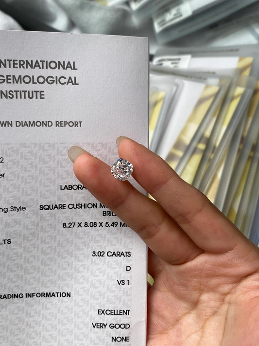 3.02 ct Cushion Cut D / VS1 VG & EX Lab-Grown Diamond just 1415 usd